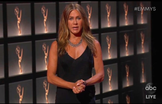 In this video grab captured on Sept. 20, 2020, courtesy of the Academy of Television Arts & Sciences and ABC Entertainment, Jennifer Aniston presents the award for outstanding lead actress in a comedy series during the 72nd Emmy Awards broadcast.