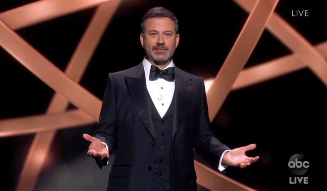 In this video grab captured on Sept. 20, 2020, courtesy of the Academy of Television Arts & Sciences and ABC Entertainment, host Jimmy Kimmel speaks during the 72nd Emmy Awards broadcast.