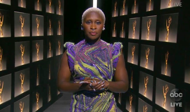 In this video grab captured on Sept. 20, 2020, courtesy of the Academy of Television Arts & Sciences and ABC Entertainment, Cynthia Erivo speaks during the 72nd Emmy Awards broadcast.