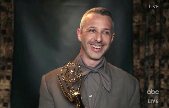 In this video grab captured on Sept. 20, 2020, courtesy of the Academy of Television Arts & Sciences and ABC Entertainment, Jeremy Strong accepts the award for outstanding lead actor in a drama series for "Succession" during the 72nd Emmy Awards broadcast.
