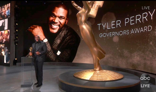 In this video grab captured on Sept. 20, 2020, courtesy of the Academy of Television Arts & Sciences and ABC Entertainment, Tyler Perry accepts the Governors award during the 72nd Emmy Awards broadcast.