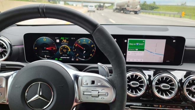 Green steering wheel graphic on the instrument display means the 2020 Mercedes CLA is self-driving.