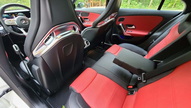 Lovely rear seats in the 2020 Mercedes CLA, but not much room for knees.