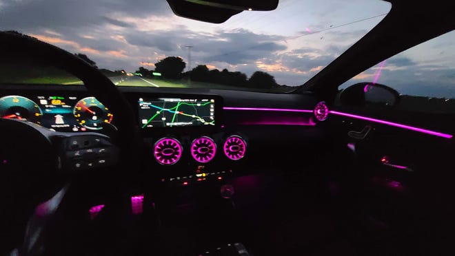 At night the 2020 Mercedes CLA puts on a light show. Choose your color: blue, purple, red ...