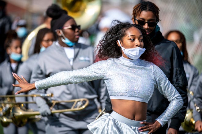 The Cass Tech band perform during the halftime of the Detroit PSL Championship football game between Cass Tech and Detroit King at Detroit Northwestern High School in Detroit, Mich on Oct. 17, 2020. Cass Tech won, 41-19.