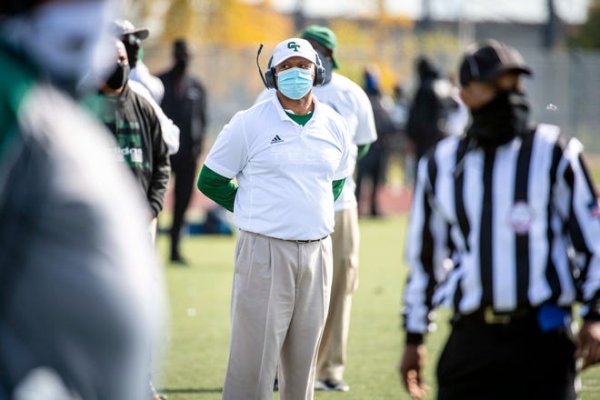 Cass Tech head coach Thomas Wilcher looks on during the Detroit PSL Championship football game between Cass Tech and Detroit King.