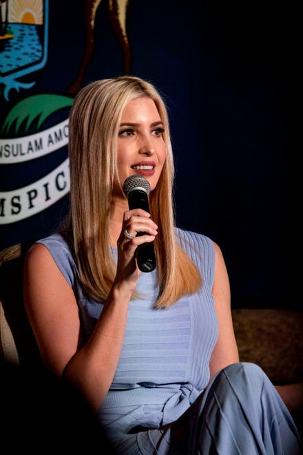 Ivanka Trump participates in a conversation with local supporters at Wildwood Family Farms in Alto, Mich.