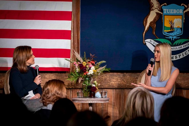 Ivanka Trump, right and former White House Director of Communications Mercedes Schlapp participate in a conversation with local supporters at Wildwood Family Farms in Alto.