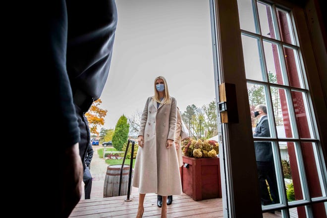 Ivanka Trump arrives at a campaign event at Wildwood Family Farms in Alto, Mich.