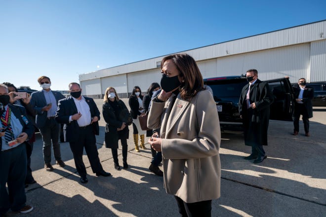 Democratic vice presidential candidate Sen. Kamala Harris (D-Calif) speaks to reporters after arriving at Detroit Metropolitan Airport while visiting Michigan on Election Day, November 3, 2020.