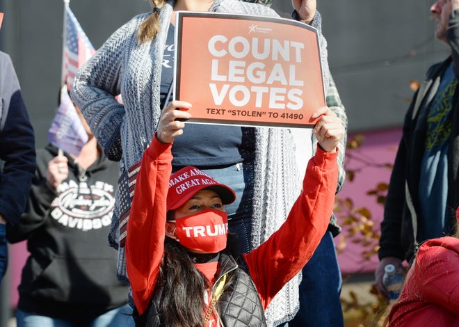 Trump supporter Odessa Schmidt, 40, of Novi, holds her "Count Legal Votes" sign during the rally at TCF center.