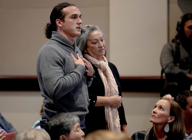 Greg Kelley pleads to Cedar Park (Texas) City Council members to allow his mother, Rosa, time to speak during a meeting Nov. 14, 2019, following his conviction being overturned.