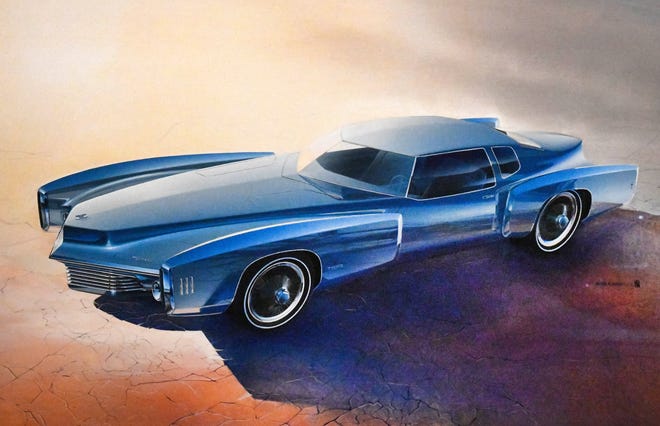 An illustration of a Tornado Proposal, 1968, by Roger Hughet at the "Detroit Style: Car Design in the Motor City, 1950-2020" show at the Detroit Institute of Arts in Detroit, Michigan  on November 10, 2020.