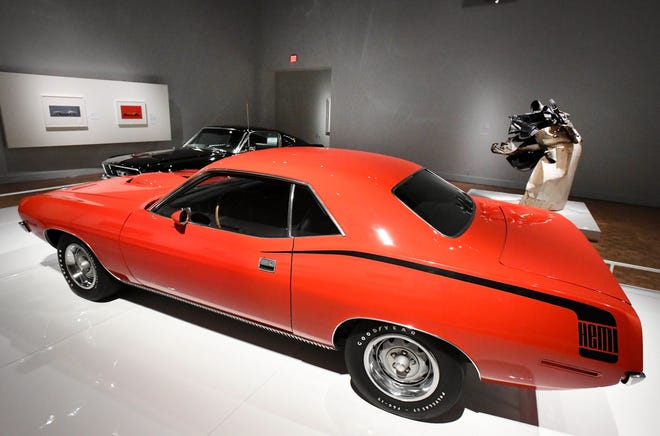 A 1970 Plymouth Barracuda by the Chrysler Corporation at the "Detroit Style: Car Design in the Motor City, 1950-2020" show at the Detroit Institute of Arts in Detroit, Michigan  on November 10, 2020.