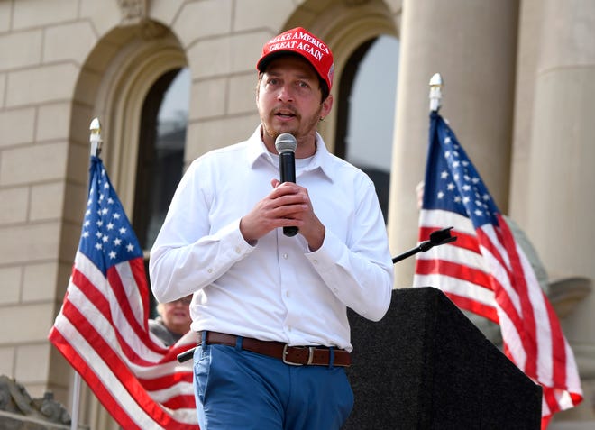 State representative-elect Steve Carra (R-District 59) speaks to the crowd as Donald Trump supporters gather at the state Capitol Building  in Lansing for a "Stop the Steal" rally disputing the presidential voting Saturday, October 14, 2020.