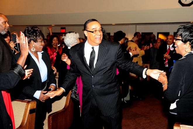 Detroit Mayoral Candidate Benny Napoleon campaigns at Mt. Zion Baptist Church, in Detroit, November 01, 2013.
