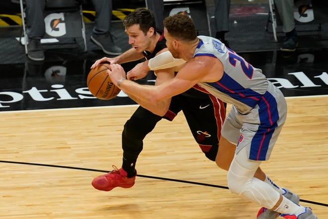 Detroit Pistons forward Blake Griffin (23) defends Miami Heat guard Goran Dragic (7) during the second half.