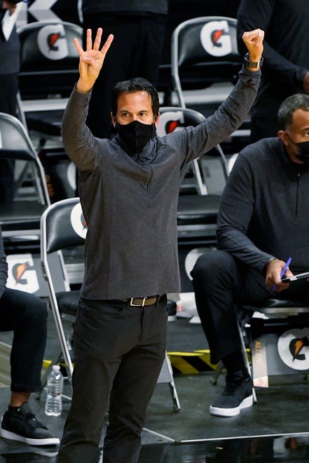 Miami Heat head coach Erik Spoelstra gestures during the first half.