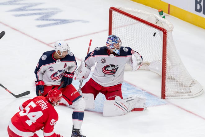 Detroit right wing Bobby Ryan slips the puck past Columbus goaltender Joonas Korpisalo for a goal in the second period.