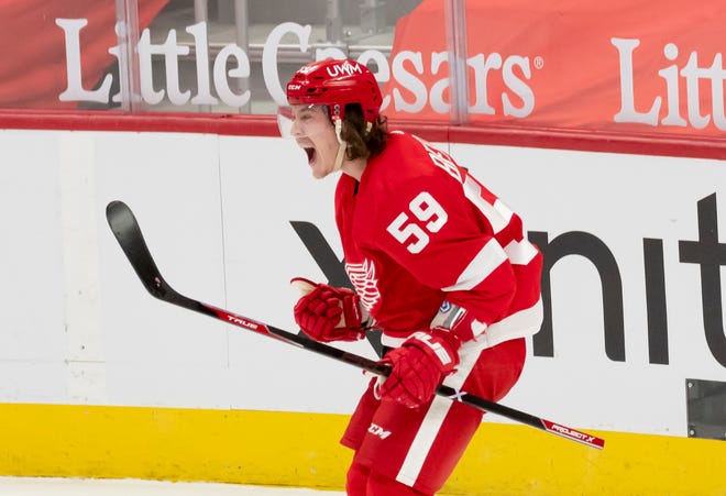 Detroit left wing Tyler Bertuzzi reacts after scoring the game-winning goal in the overtime period of a game between the Detroit Red Wings and the Columbus Blue Jackets, at Little Caesars Arena, in Detroit, January 19, 2021.