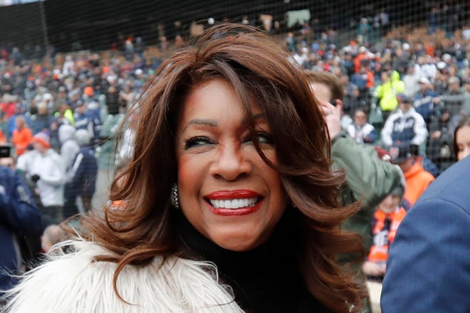 Mary Wilson, a former member of The Supremes, sings the national anthem before a  Detroit Tigers and Kansas City Royals opening day game in Detroit in April 2019.