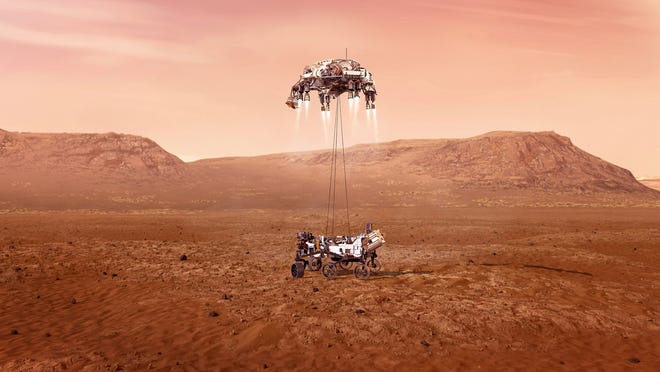 NASA's Perseverance nears the Martian surface in this illustration.