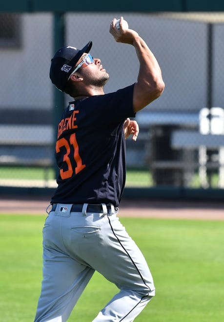 Tigers prospect Riley Greene makes a barehanded catch during drills at the Detroit Tigers workout at Joker Marchant Stadium in Lakeland, Fla. on Feb. 27, 2021.