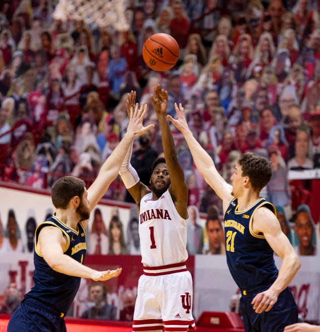 Indiana guard Aljami Durham (1) tries to score with a three-point shot during the second half.