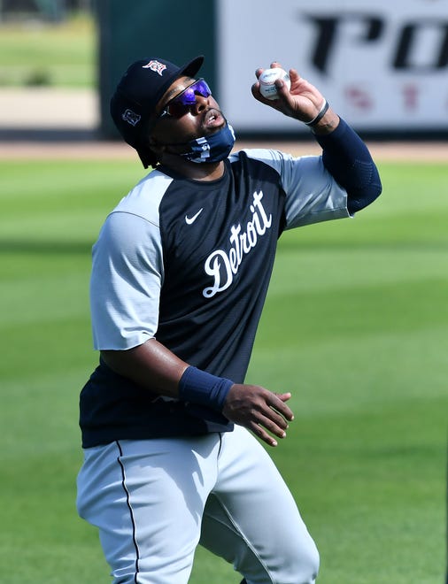 Tigers outfielder Christin Stewart makes a barehanded catch during drills at the Detroit Tigers workout at Joker Marchant Stadium in Lakeland, Fla. on Feb. 27, 2021.