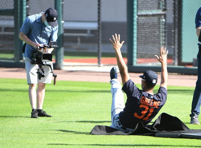 Tigers' social media staff get the best look at Tigers prospect Riley Greene doing the sliding drill at the Detroit Tigers workout at Joker Marchant Stadium in Lakeland, Fla. on Feb. 27, 2021.