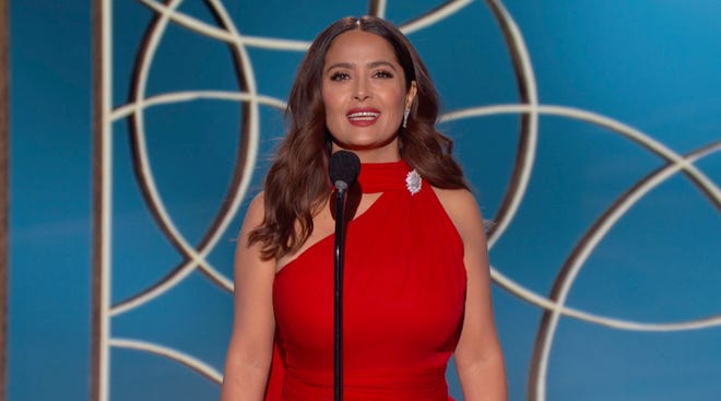 In this video grab issued Sunday, Feb. 28, 2021, by NBC, Salma Hayek speaks at the Golden Globe Awards.