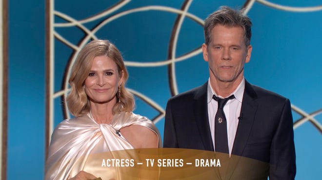 In this video grab issued Sunday, Feb. 28, 2021, by NBC, Kyra Sedgwick, left, and Kevin Bacon present the award for best actress in a television drama series at the Golden Globe Awards.