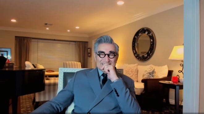 In this video grab issued Sunday, Feb. 28, 2021, by NBC, Eugene Levy accepts the award for best television series, musical or comedy, for "Schitt's Creek" at the Golden Globe Awards.
