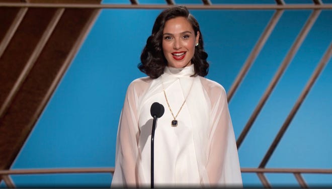 In this video grab issued Sunday, Feb. 28, 2021, by NBC, Gal Gadot presents the award for best foreign language motion picture at the Golden Globe Awards.
