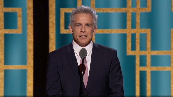 In this video grab issued Sunday, Feb. 28, 2021, by NBC, Ben Stiller presents the award for best actress in a motion picture, musical or comedy at the Golden Globe Awards.