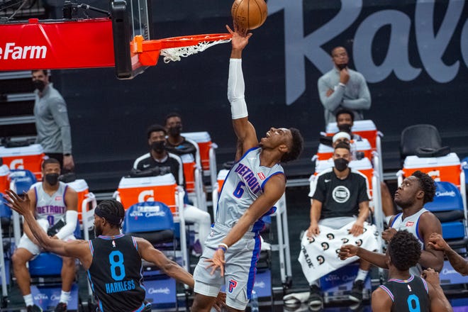 Detroit Pistons guard Hamidou Diallo (6) lays the ball up against the Sacramento Kings during the first quarter of an NBA basketball game in Sacramento, Calif., Thursday, April 8, 2021.