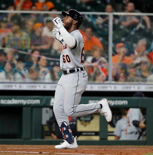 Akil Baddoo #60 of the Detroit Tigers reacts to his home run in the third inning against the Houston Astros at Minute Maid Park on April 12, 2021 in Houston, Texas.