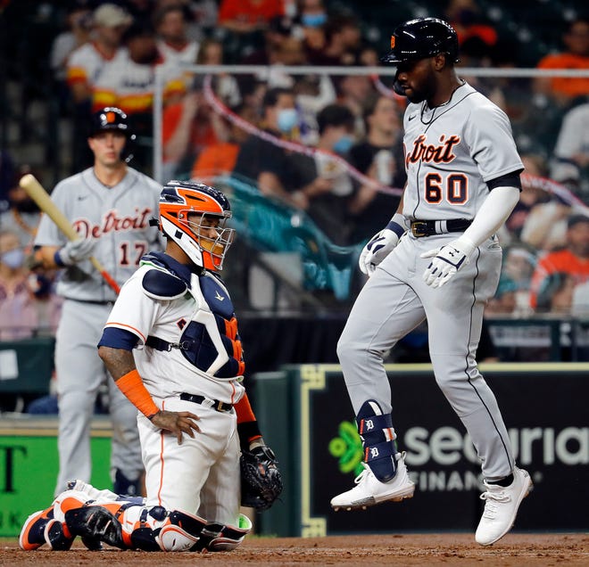 Akil Baddoo #60 of the Detroit Tigers runs the bases after hitting a home run in the third inning against the Houston Astros at Minute Maid Park on April 12, 2021 in Houston, Texas.
