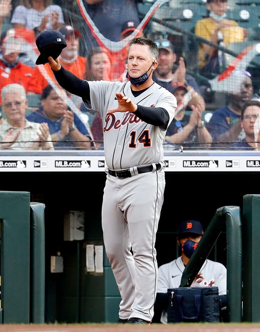 Manager A.J. Hinch #14 of the Detroit Tigers addresses the crowd upon his return to Minute Maid Park on April 12, 2021 in Houston, Texas.