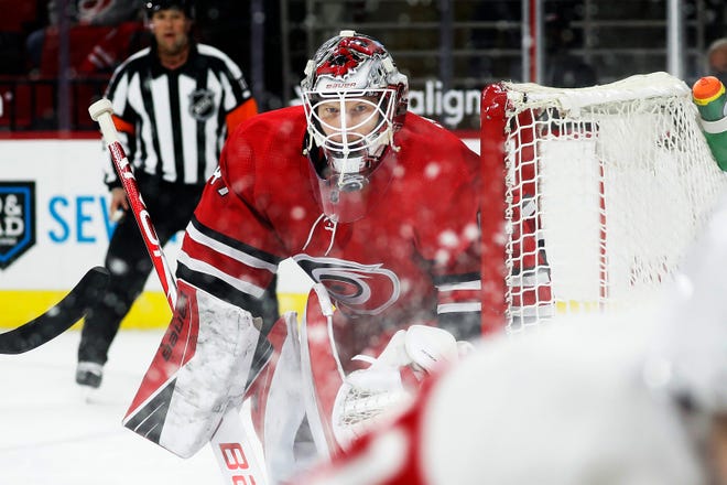 Carolina Hurricanes goaltender James Reimer (47) watches play during the first period.