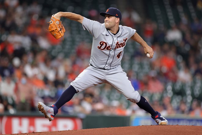 Matthew Boyd #48 of the Detroit Tigers delivers during the first inning against the Houston Astros at Minute Maid Park on April 13, 2021 in Houston, Texas.