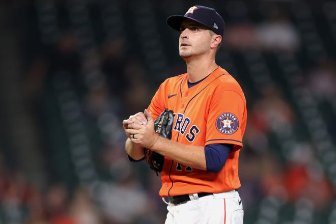Pitcher Jake Odorizzi #17 of the Houston Astros looks on during the fourth inning against the Detroit Tigers at Minute Maid Park on April 13, 2021 in Houston, Texas.