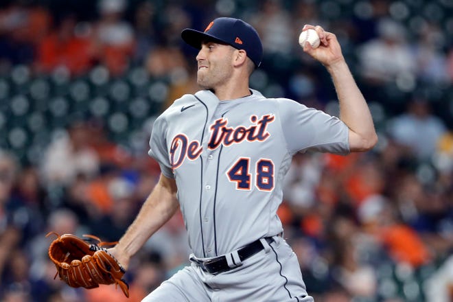 Detroit Tigers starting pitcher Matthew Boyd throws to a Houston Astros batter during the first inning of a baseball game Tuesday, April 13, 2021, in Houston.