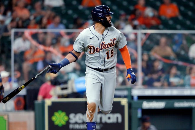 Detroit Tigers' Nomar Mazara flips his bat after hitting a two-run home run against the Houston Astros during the fourth inning of a baseball game Tuesday, April 13, 2021, in Houston.