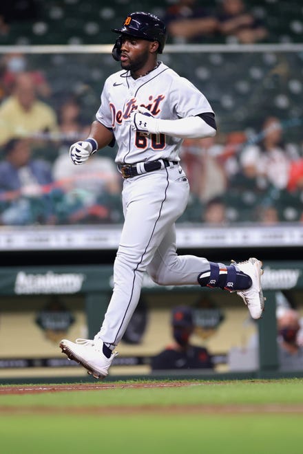 Akil Baddoo #60 of the Detroit Tigers jogs home after hitting a solo home run during the third inning against the Houston Astros at Minute Maid Park on April 13, 2021 in Houston, Texas.