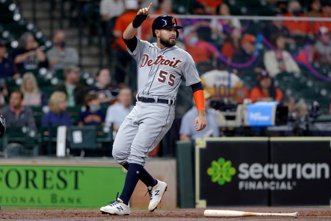 Detroit Tigers designated hitter Renato Nunez (55) reacts as he scores on an RBI double by Akil Baddoo (60) during the second inning of a baseball game against the Houston Astros Wednesday, April 14, 2021, in Houston.