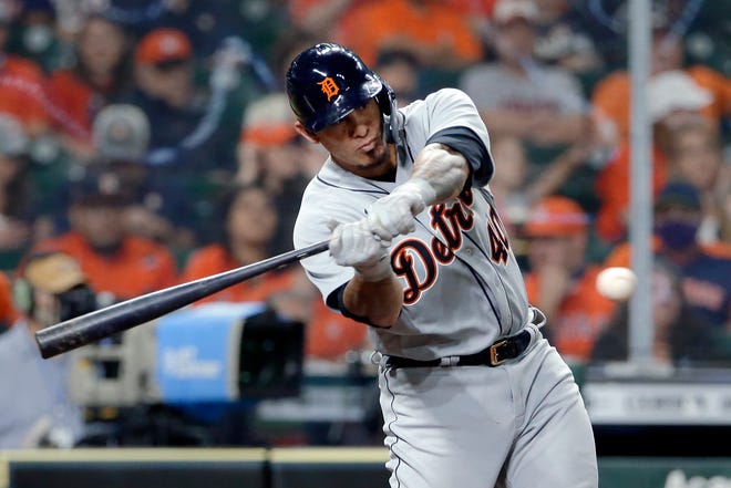Detroit Tigers' Wilson Ramos swings for his one run RBI during the fourth inning of a baseball game against the Detroit Tigers Wednesday, April 14, 2021, in Houston.