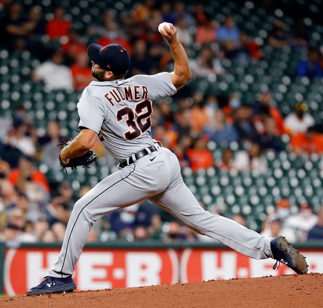Michael Fulmer #32 of the Detroit Tigers pitches in the first inning against the Houston Astros at Minute Maid Park on April 14, 2021 in Houston, Texas.