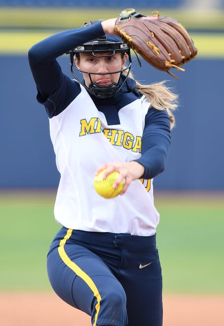 Michigan pitcher Meaghan Beaubien throws a first inning pitch during their Wednesday, April 14, 2021 game against Michigan State at Michigan's Alumni Field in Ann Arbor. Michigan beat the Spartans 6-1.