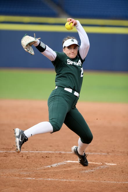 Michigan State pitcher Sarah Ladd throws a second inning pitch during their game against Michigan.